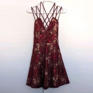 Sequined Red and Nude Floral Lace Dress
